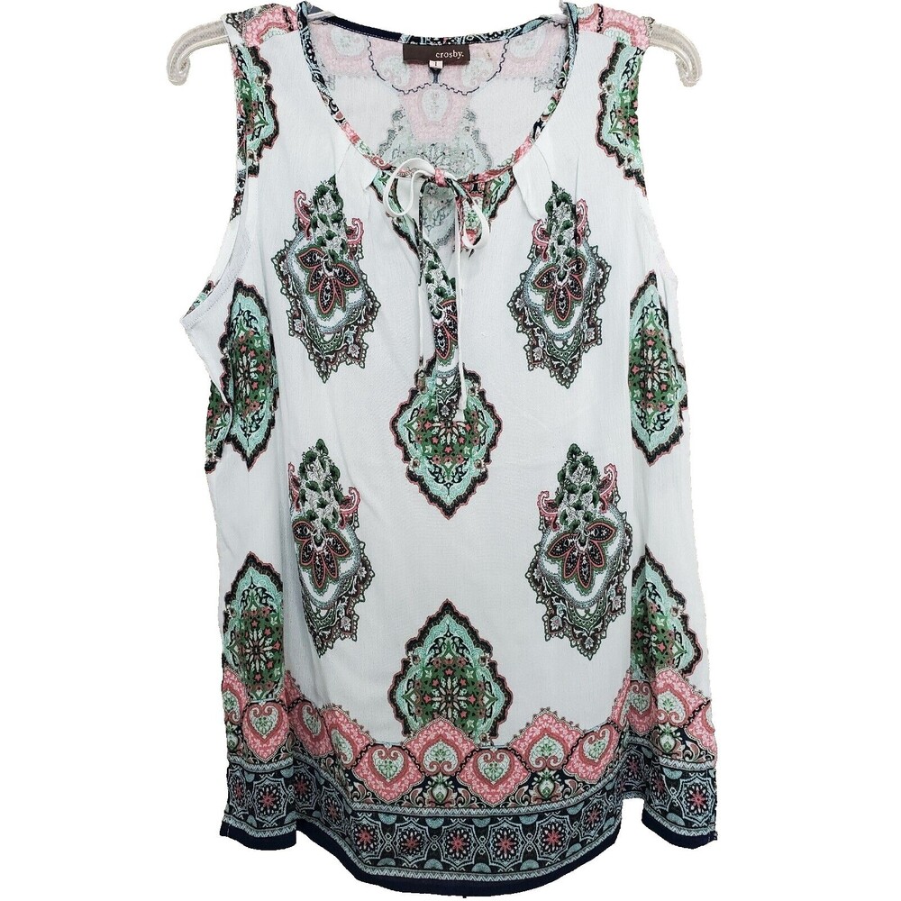 crosby. Sleeveless Tie-Front Geometric Print Blouse Size Large
